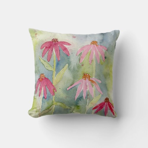 Pink Floral Watercolor Cottage Core Throw Pillow
