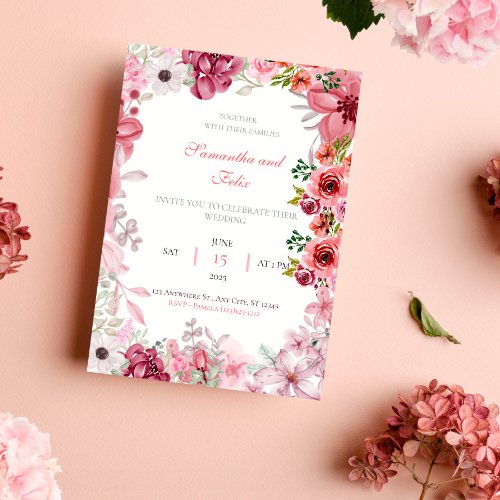 Pink Floral Watercolor Country Wedding Invitation