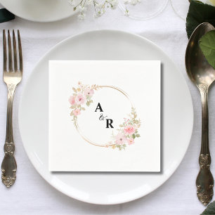 Pink Floral Watercolor Couple Initials Wedding Napkins