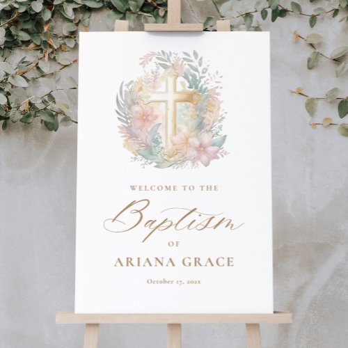 Pink Floral Watercolor Cross Baptism Welcome Sign