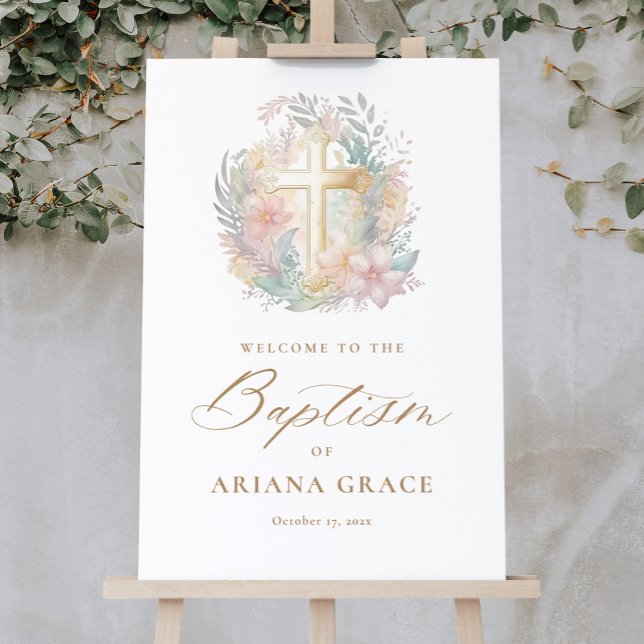 Pink Floral Watercolor Cross Baptism Welcome Sign (Creator Uploaded)