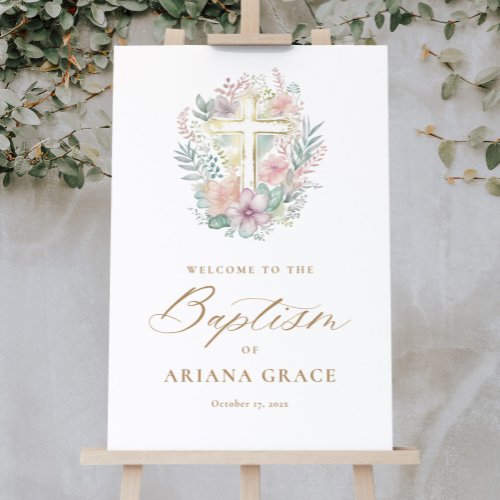 Pink Floral Watercolor Cross Baptism Welcome Sign