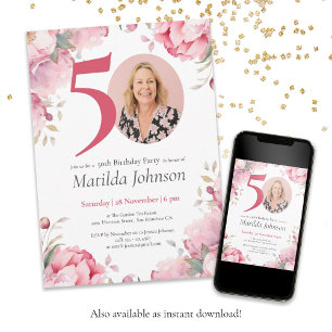 Pink Floral Watercolor Custom Photo 50th Birthday Invitation
