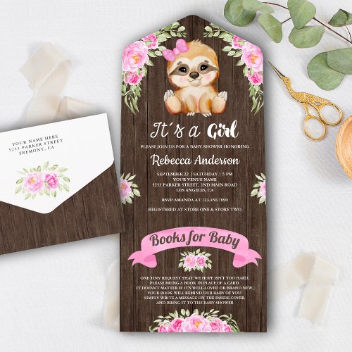 Pink Floral Watercolor Cute Sloth Wood Baby Shower All In One Invitation