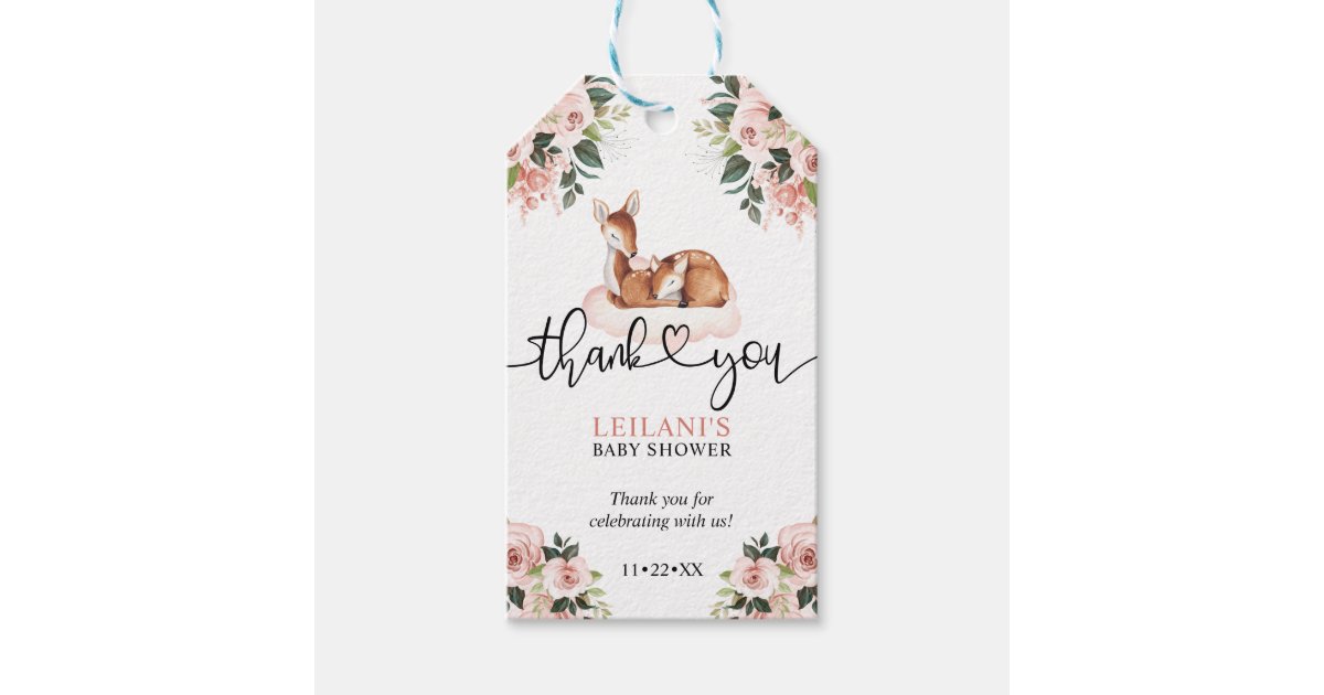 Pink Floral Watercolor Deer Baby Shower Thank You Gift Tags | Zazzle