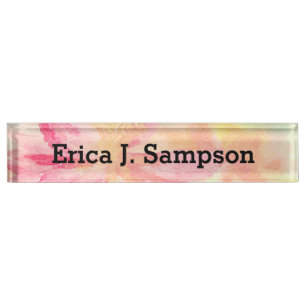 Pink Floral Watercolor Desk Name Plate