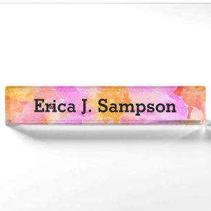 Pink Floral Watercolor Desk Name Plate