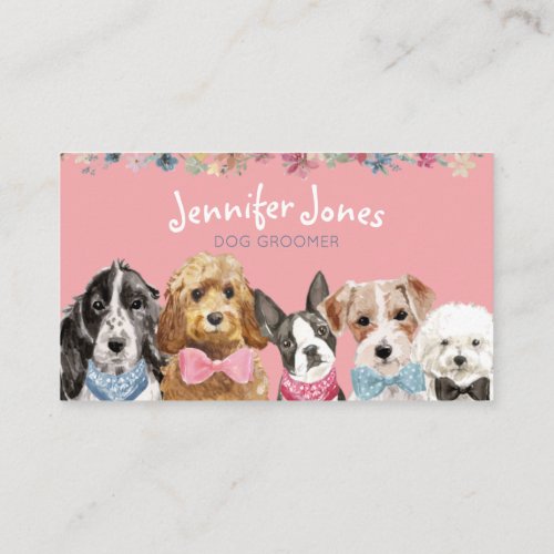 Pink Floral Watercolor Dog Breeds Dog Groomer  Business Card