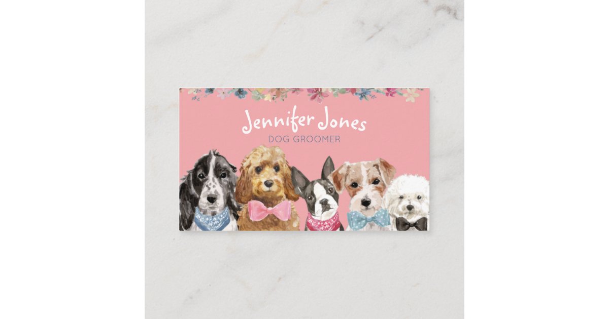 Pink Floral Watercolor Dog Breeds Dog Groomer Business Card | Zazzle