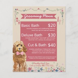 Pink Floral Watercolor Dog Grooming Services Menu Flyer