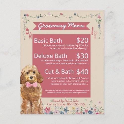 Pink Floral Watercolor Dog Grooming Services Menu  Flyer