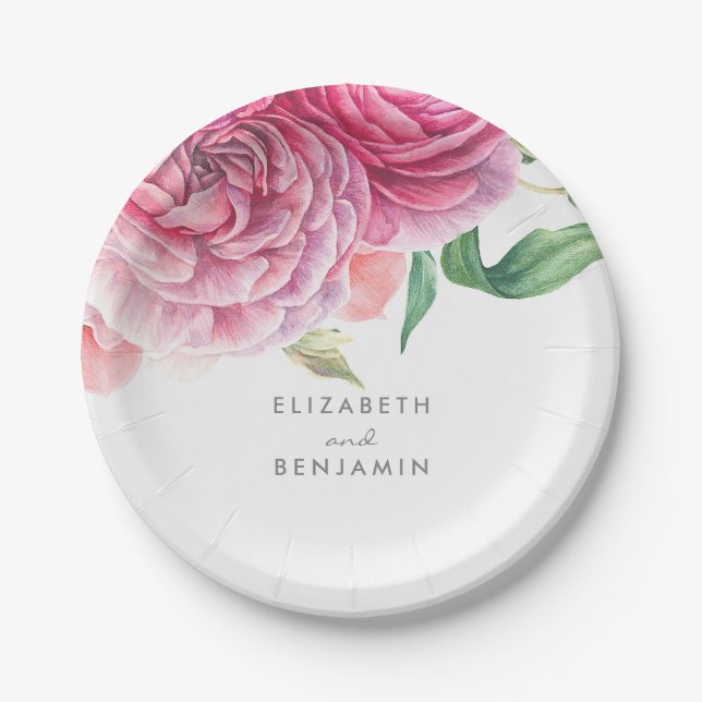Pink Floral Watercolor Elegant Botanical Wedding Paper Plates (Front)