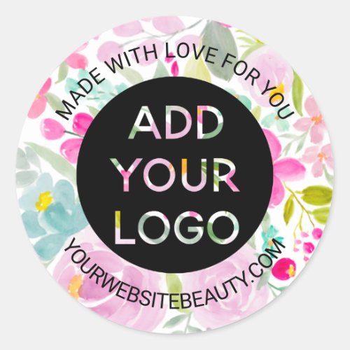 Pink floral watercolor elegant chic logo classic round sticker