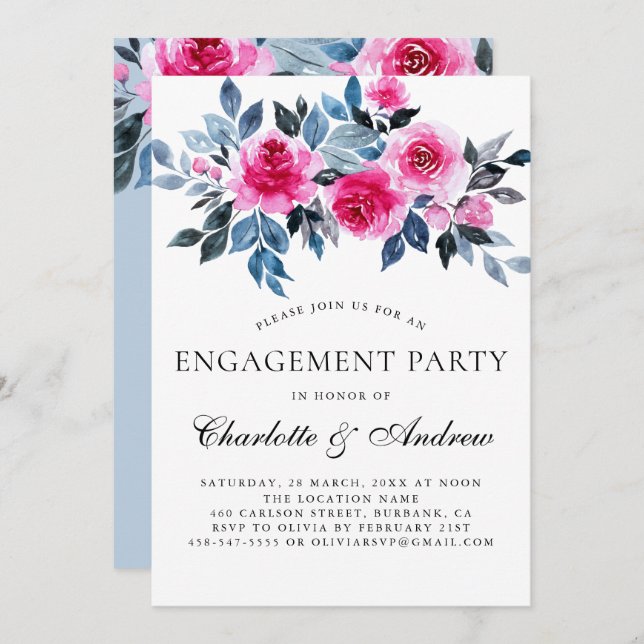 Pink Floral Watercolor Elegant Engagement Party Invitation (Front/Back)
