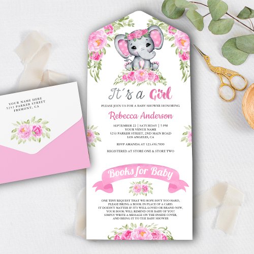 Pink Floral Watercolor Elephant Baby Shower All In One Invitation