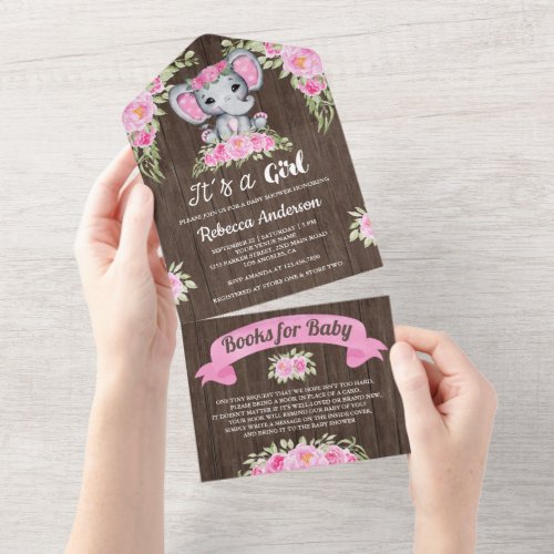 Pink Floral Watercolor Elephant Wood Baby Shower All In One Invitation