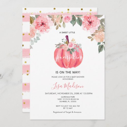 Pink Floral Watercolor Fall Pumpkin Invitation