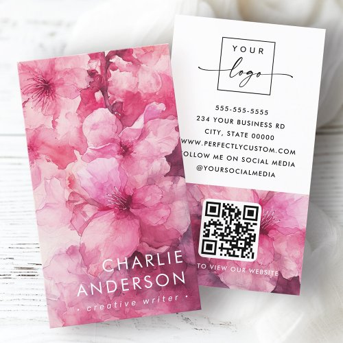 Pink floral watercolor flower floral logo QR code Business Card