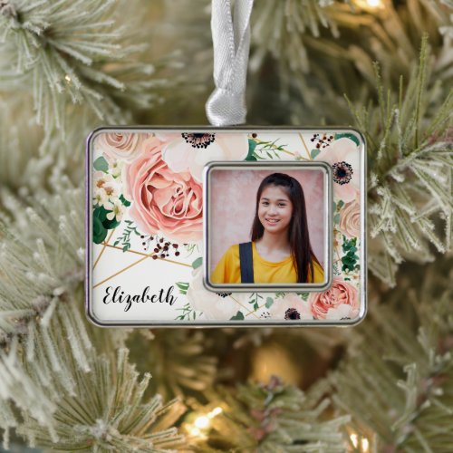 Pink Floral Watercolor Flowers Photo Personalize  Christmas Ornament