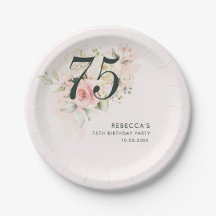 Pink Floral Watercolor Foliage 75th Birthday Party Paper Plates