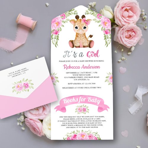 Pink Floral Watercolor Giraffe Baby Shower All In One Invitation