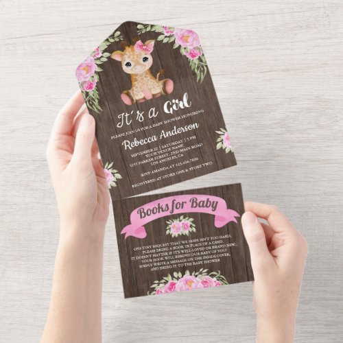 Pink Floral Watercolor Giraffe Wood Baby Shower All In One Invitation