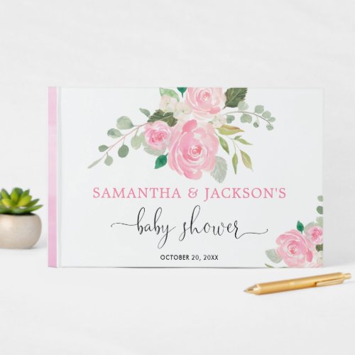 Pink floral watercolor girl baby shower guest book