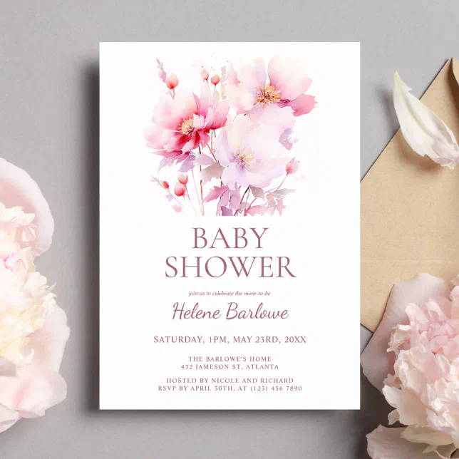Pink Floral Watercolor Girl Baby Shower Invitation | Zazzle