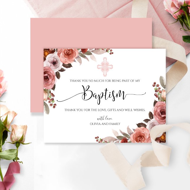 Pink Floral Watercolor Girl's Baptism Thank You Card (Creator Uploaded)