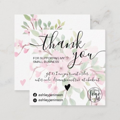 Pink floral watercolor girly order thank you  square business card