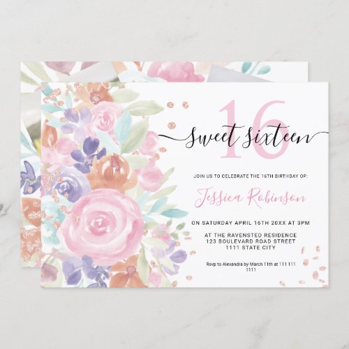 Pink floral watercolor glitter Sweet 16 photo Invitation