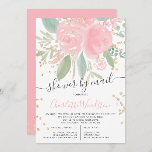 Pink floral watercolor gold baby shower by mail invitation