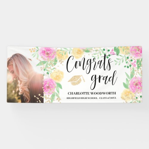 Pink floral watercolor gold congrats grad photo banner