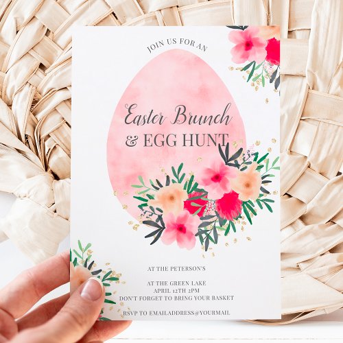 Pink floral watercolor gold easter brunch egg hunt invitation