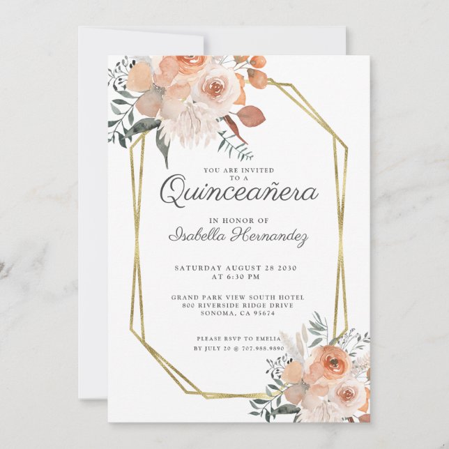 Pink Floral Watercolor Gold Frame Quinceanera  Invitation (Front)