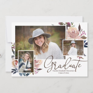 Pink Floral Watercolor Graduation Photo  Invitation