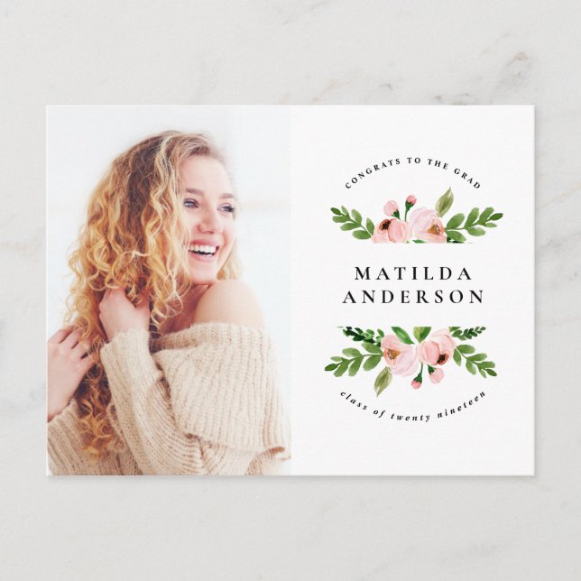 Pink floral watercolor graduation photo invite (Front)