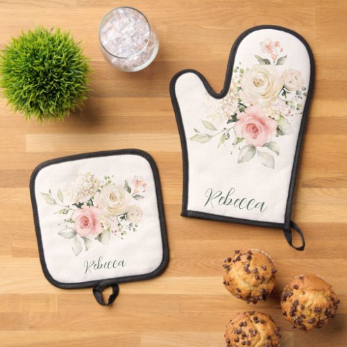 Pink Floral Watercolor Greenery Script Personalize Oven Mitt  Pot Holder Set