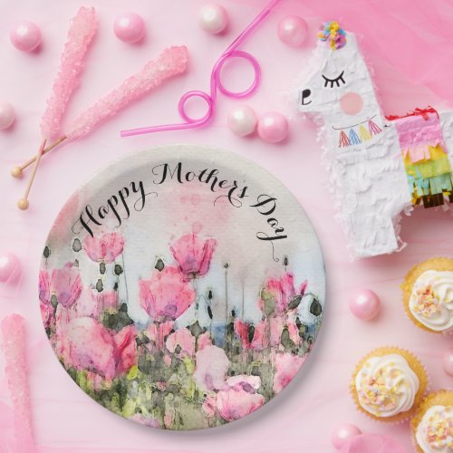 Pink Floral Watercolor Happy Mothers Day Flowers Paper Plates