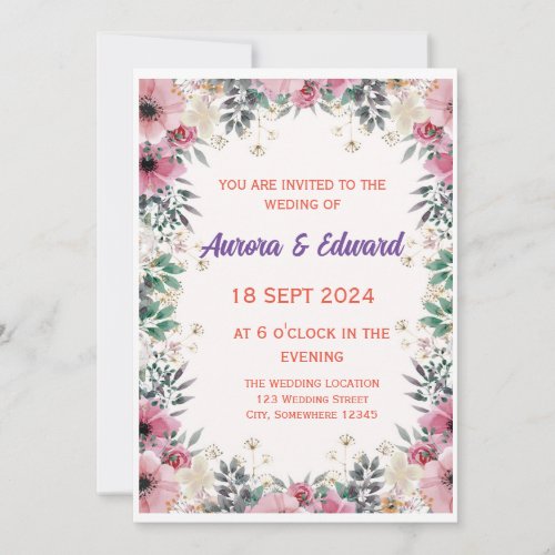 Pink Floral Watercolor Illustrative Wedding  Invitation