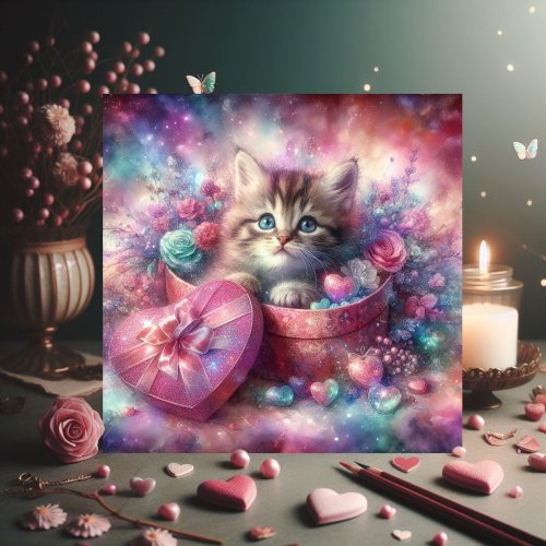 Pink Floral Watercolor Kitten In Box Valentine  Holiday Card