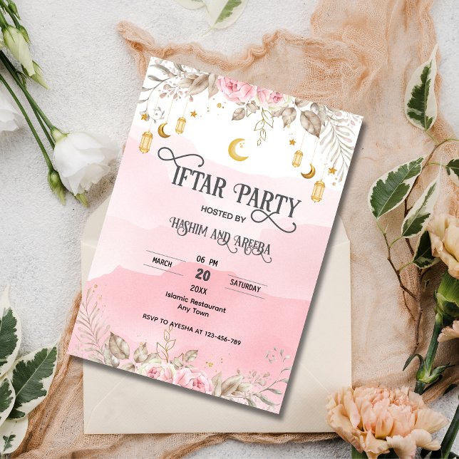 Pink Floral Watercolor Lantern Iftar Invitation (Creator Uploaded)