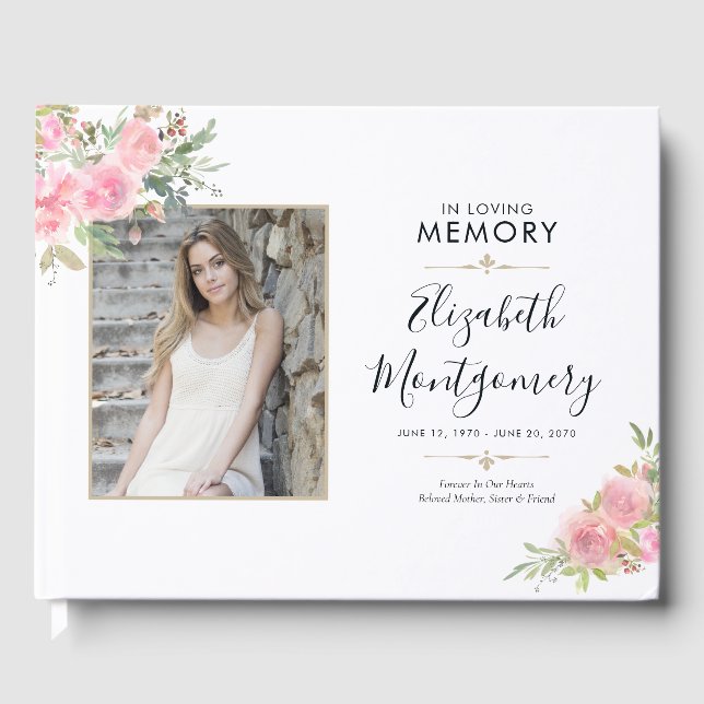 Pink Floral Watercolor Memorial Service Funeral Guest Book (Front)