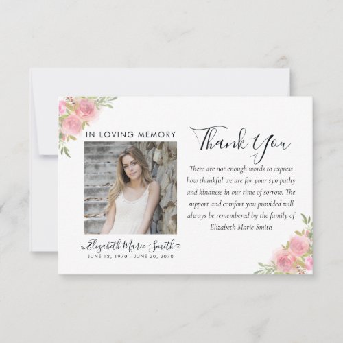 Pink Floral Watercolor Memorial Service Funeral Thank You Card