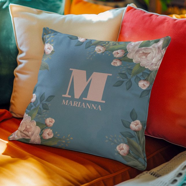 Pink Floral Watercolor Monogram Custom Throw Pillow (Pink floral monogram throw pillow)