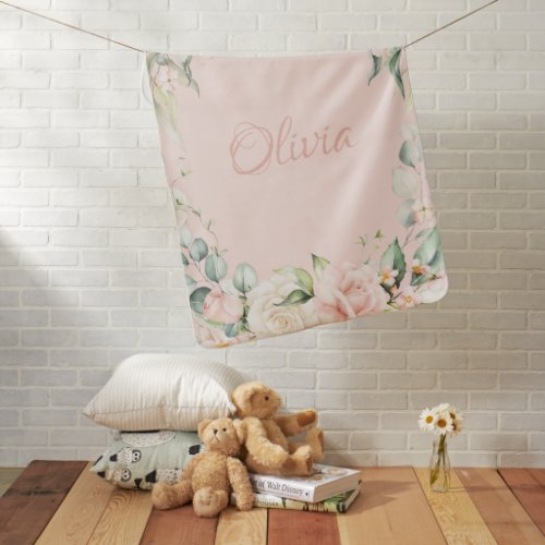Pink Floral Watercolor Name Baby Girl Baby Blanket