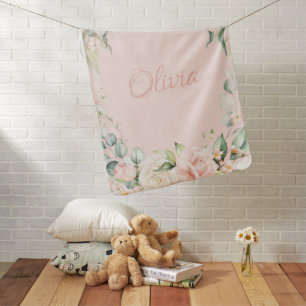 Pink Floral Watercolor Name Baby Girl Blanket