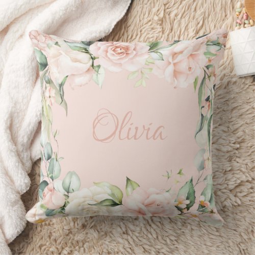 Pink Floral Watercolor Name Baby Girl Throw Pillow