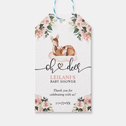 Pink Floral Watercolor Oh Deer Baby Shower Gift Tags
