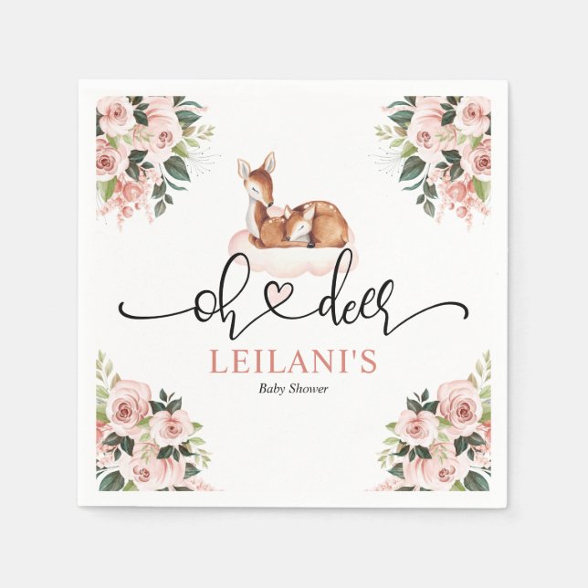Pink Floral Watercolor Oh Deer Baby Shower Napkins (Front)